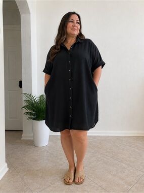 Well Worn Black Linen Blend Oversized Shirt Dress Pockets XXL